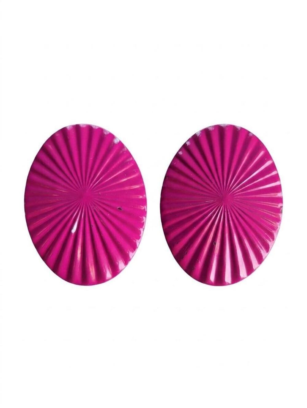 Vintage Fuchsia Geometric Fan Oval Earrings, 80s Retro Statement Jewelry